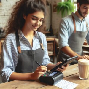 Hình ảnh nhân viên đang tính tiền bằng máy in cầm tay